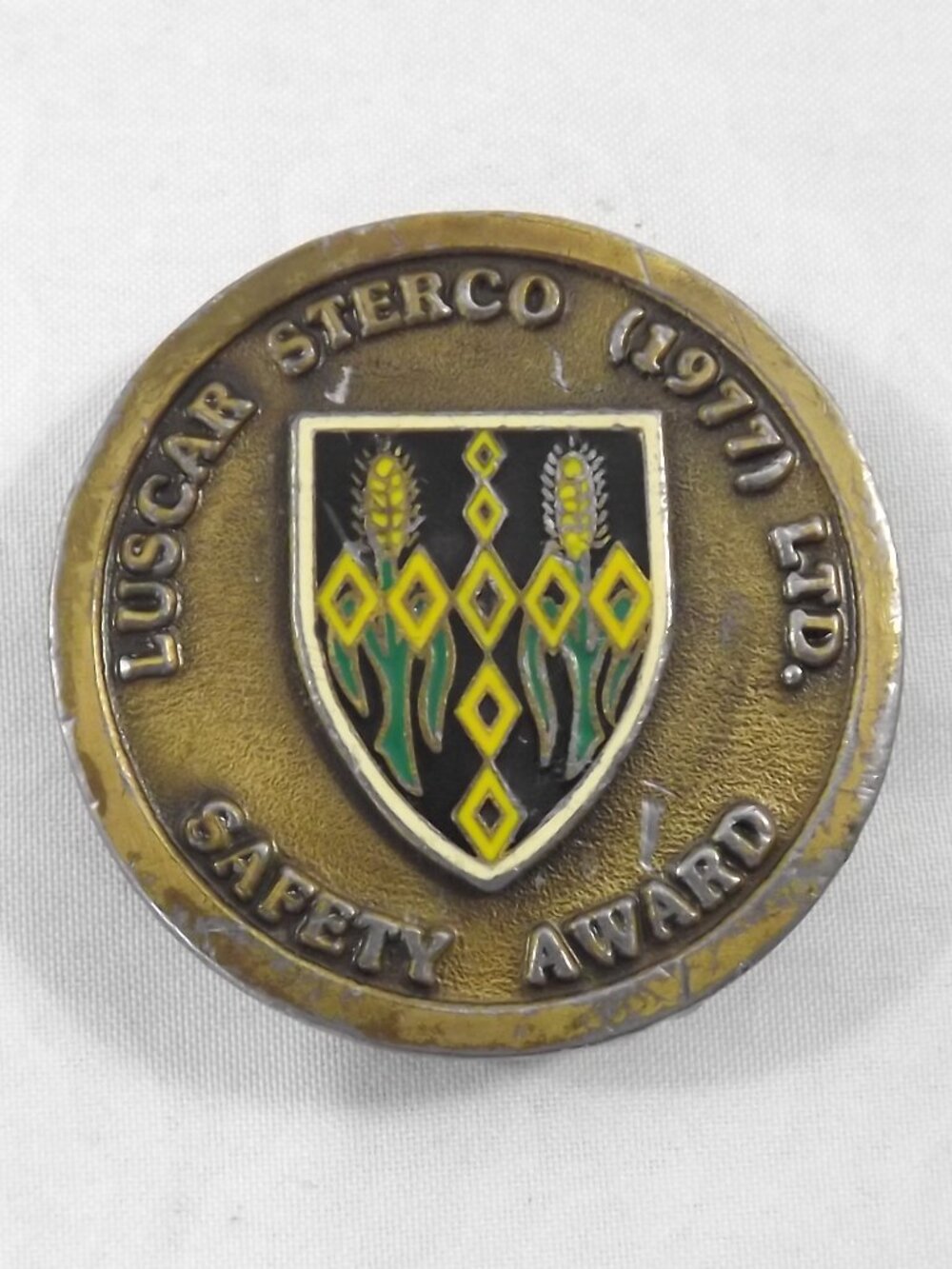 Distressed Lucsar Sterco Brass Safety Award Belt Buckle in Gold and Black
